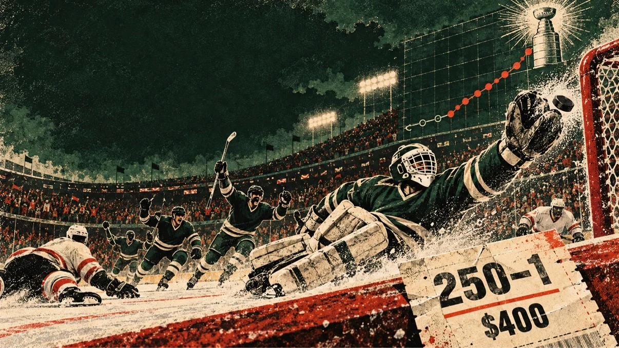 Original vintage illustration of a goaltender making a leaping save beside a 250-to-1 betting ticket, with the Stanley Cup overhead