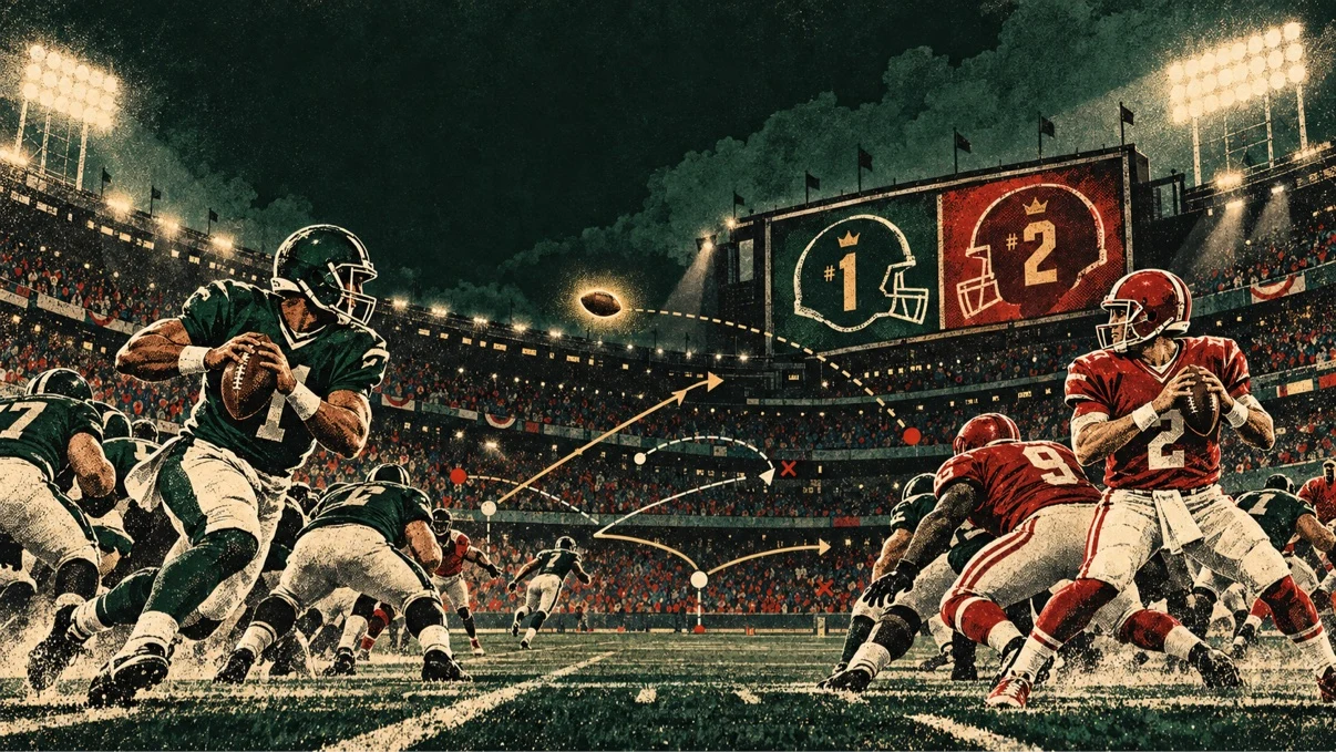 Original vintage illustration of two quarterbacks facing off under stadium lights, with a scoreboard showing number one and number two helmets