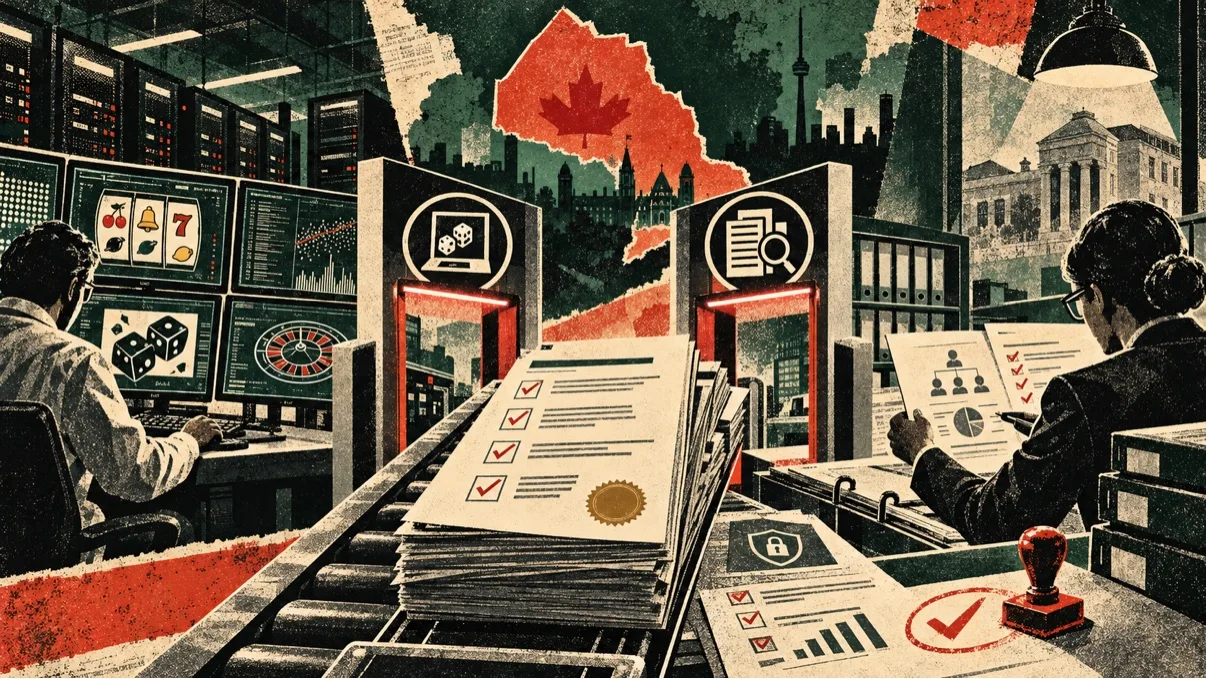 Original vintage illustration of casino regulation checks: game testing screens, certification documents and compliance files