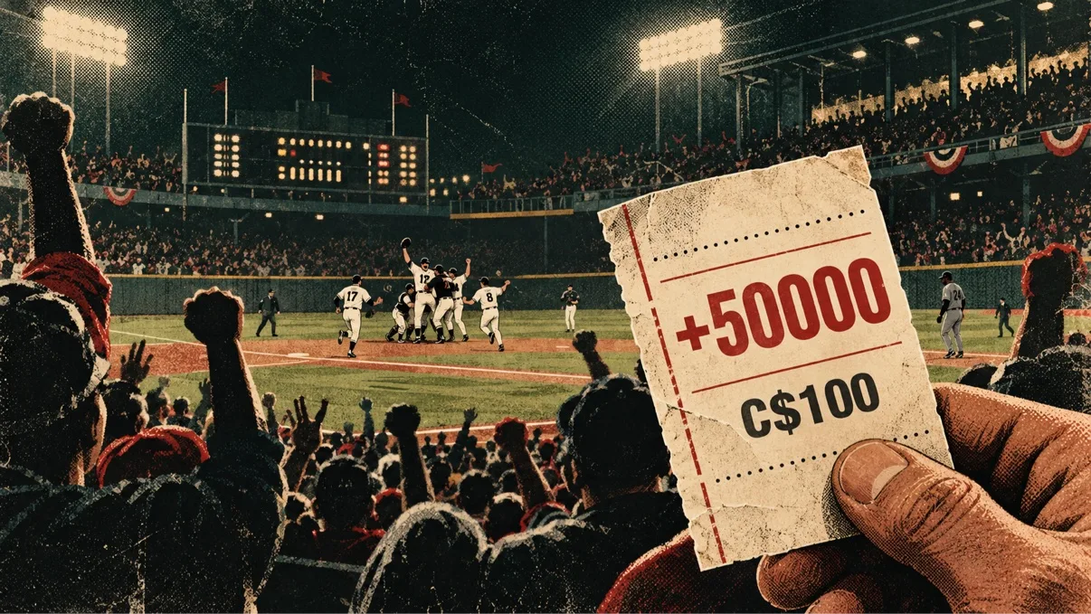 Original vintage illustration of a baseball stadium crowd holding a betting ticket showing +50000 and C$100