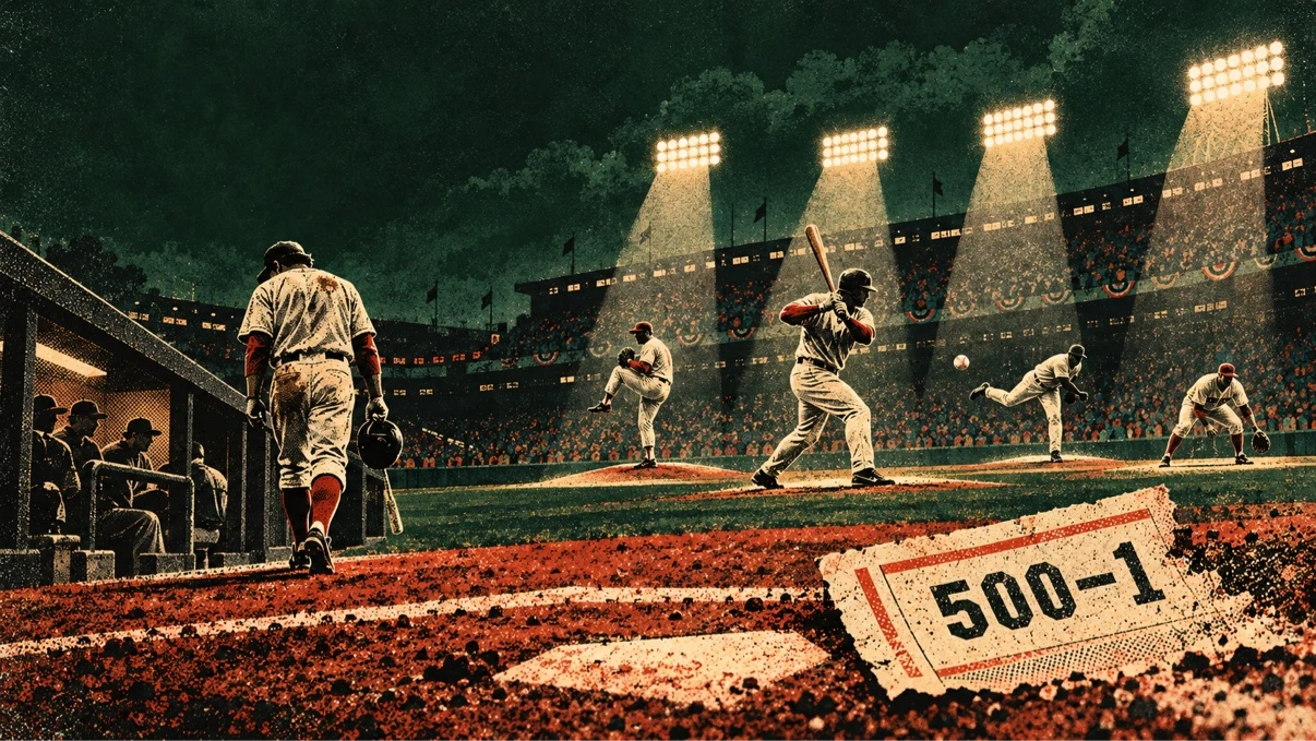 Original vintage illustration of a night baseball game under stadium lights, with a torn 500-to-1 betting ticket lying on the infield dirt