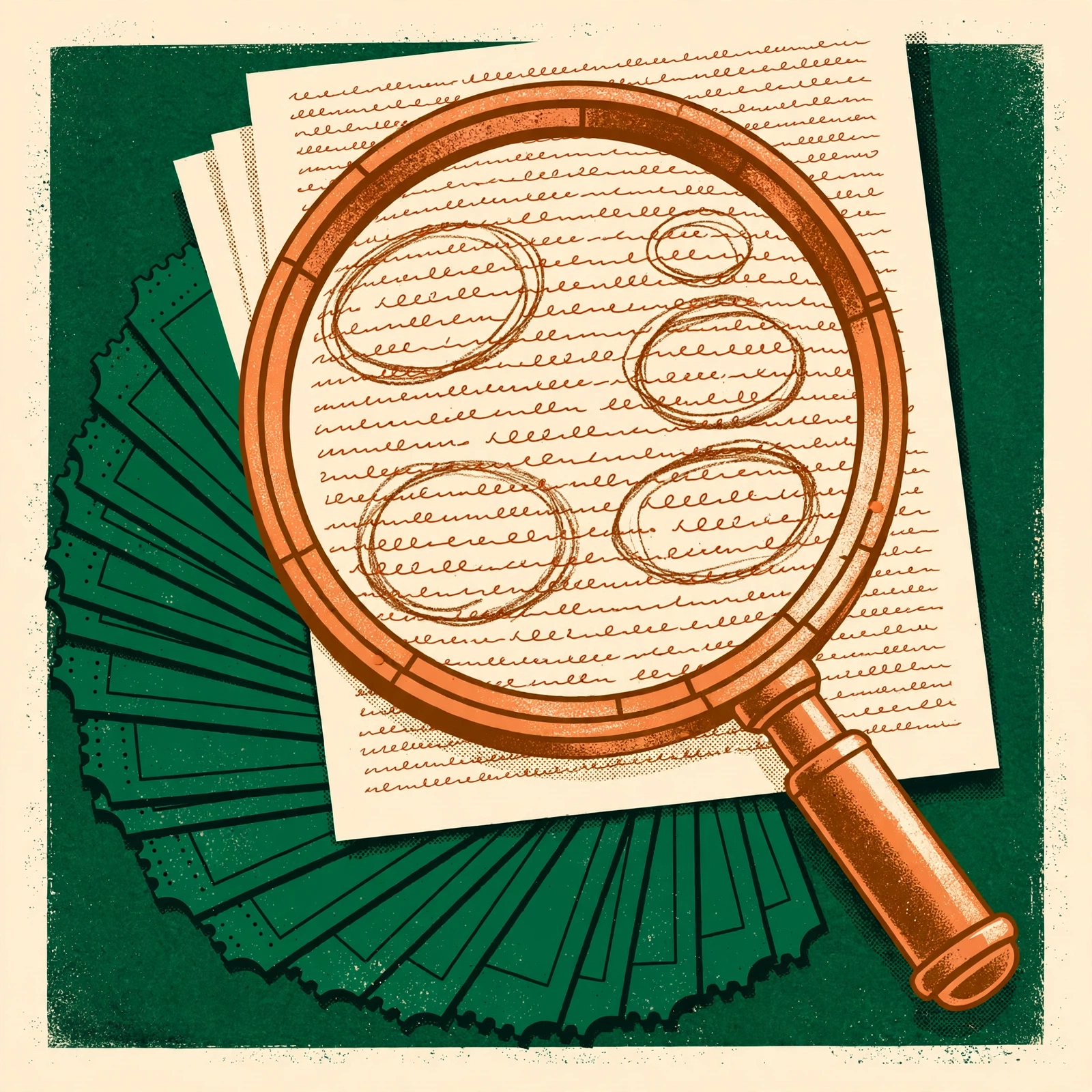 Editorial illustration: a brass magnifying glass with circled clauses over fine-print squiggle lines and fanned green ticket stubs, in deep green, ivory and copper