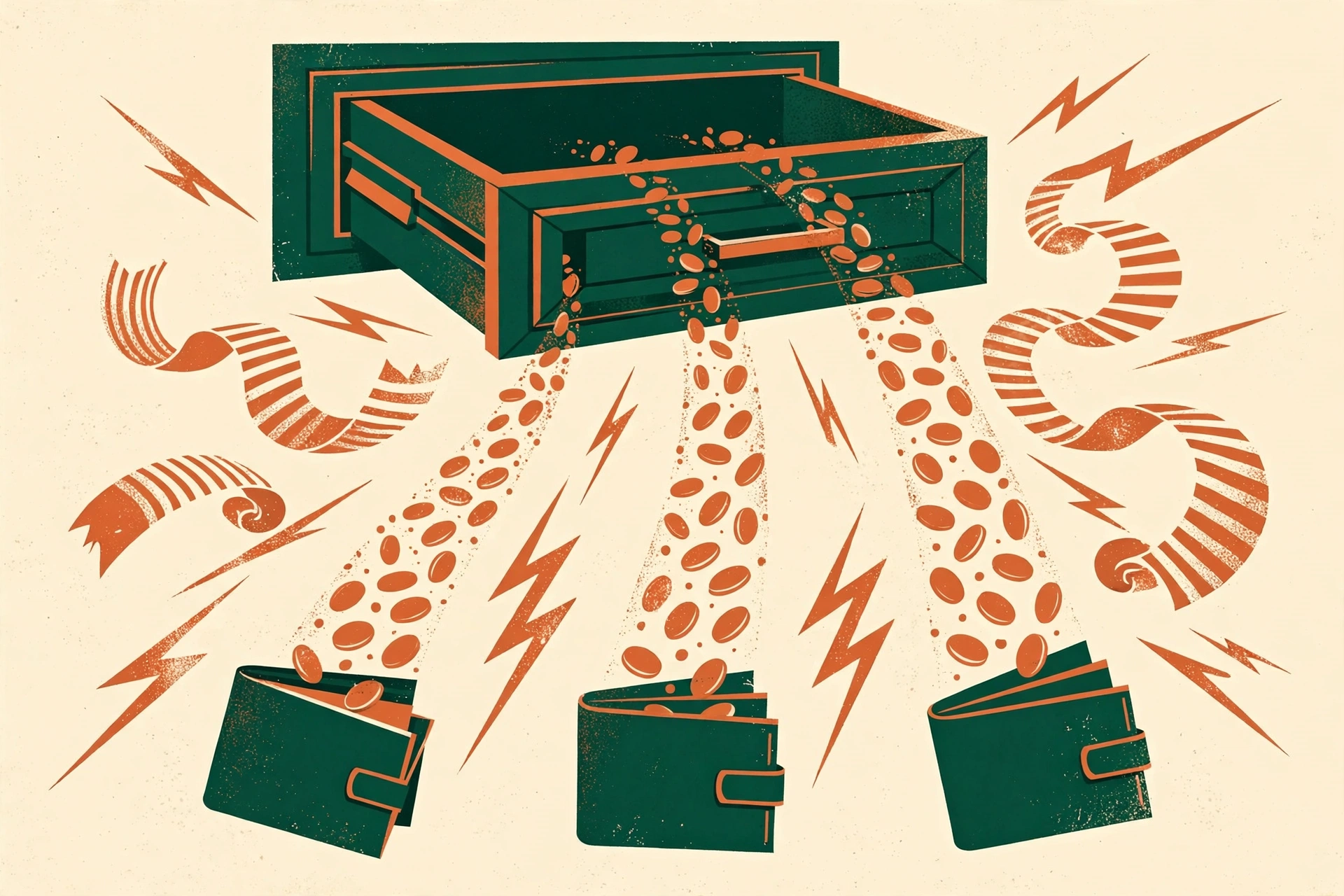 Editorial illustration: copper coins pouring from a green bank drawer into three green wallets, motion lines and receipts swirling, in deep green, ivory and copper