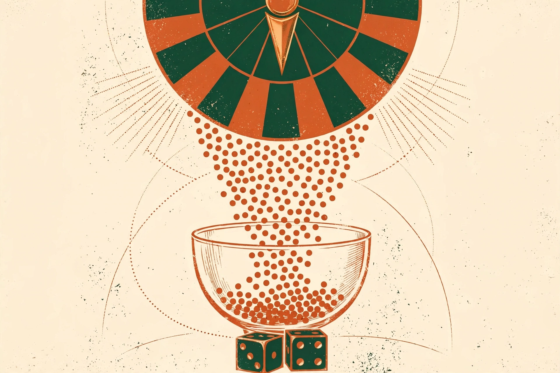 Editorial illustration: a roulette-wheel dial raining probability dots into a glass bowl above two dice, in deep green, ivory and copper